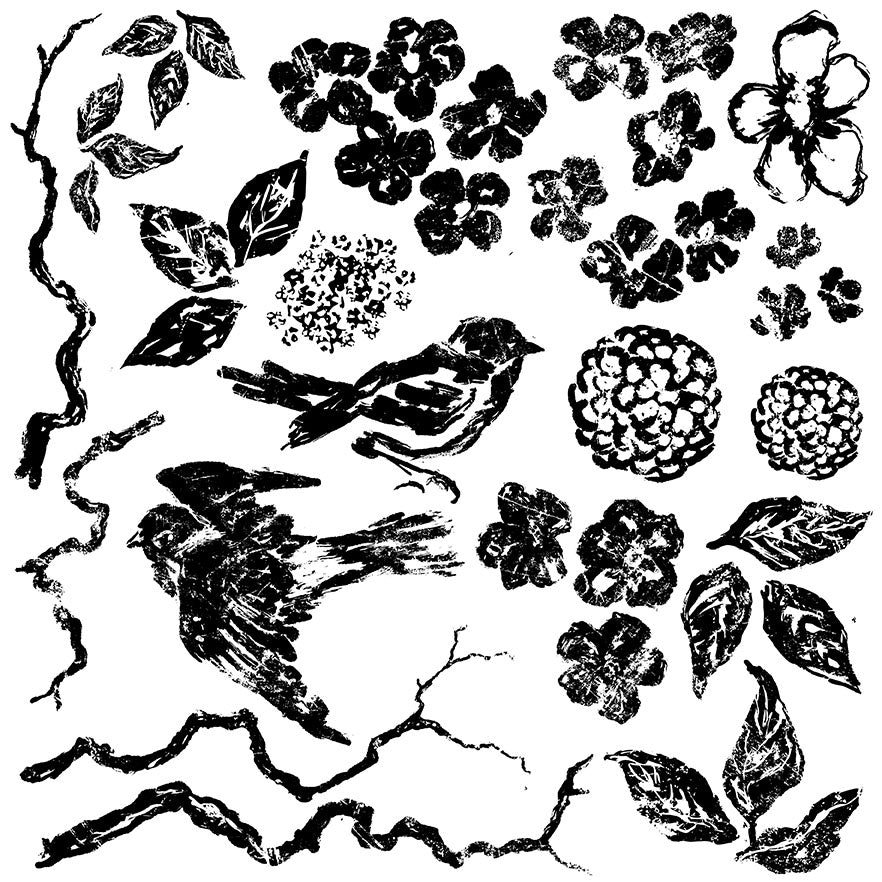 birds at rest and in flight, leaves, blossoms and branches in different sizes and shapes at Milton's Daughter.