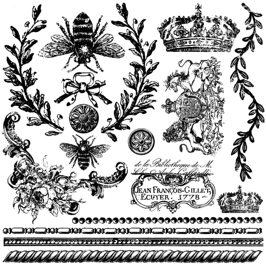 Stamp with multiple bee, crown, laurel and trim elements at Milton's Daughter.