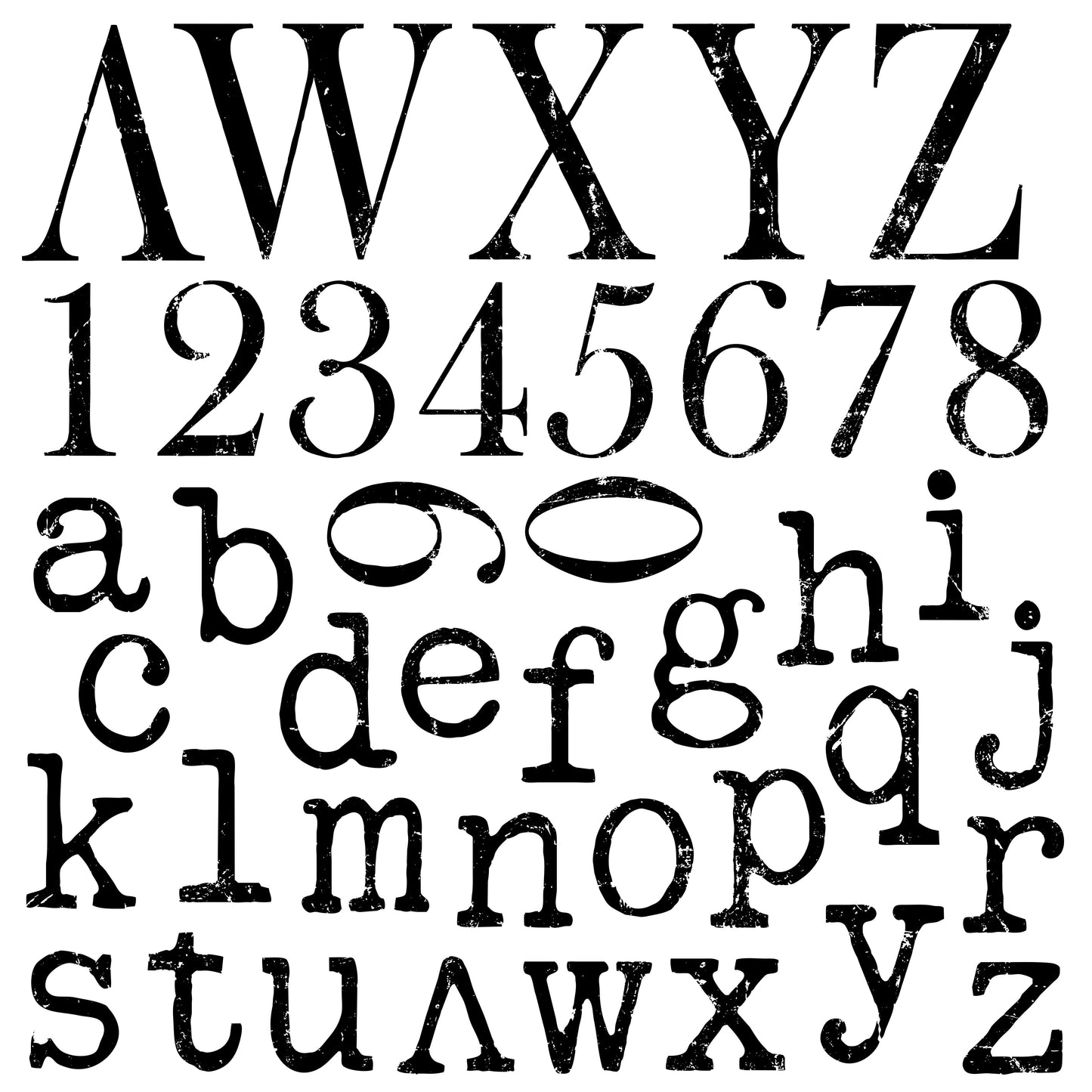 Stamp of classic typewriter font, times new roman, includes upper and lower case letters and numbers at Milton's Daughter.