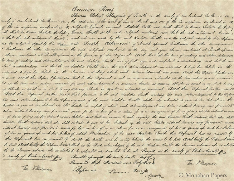 Monahan Papers "In the Common Pleas" 11" x 17" Script longhand lettering. Hand-written colonial letter. Repeat pattern. Aged paper for decoupage and mixed media art available at Milton's Daughter