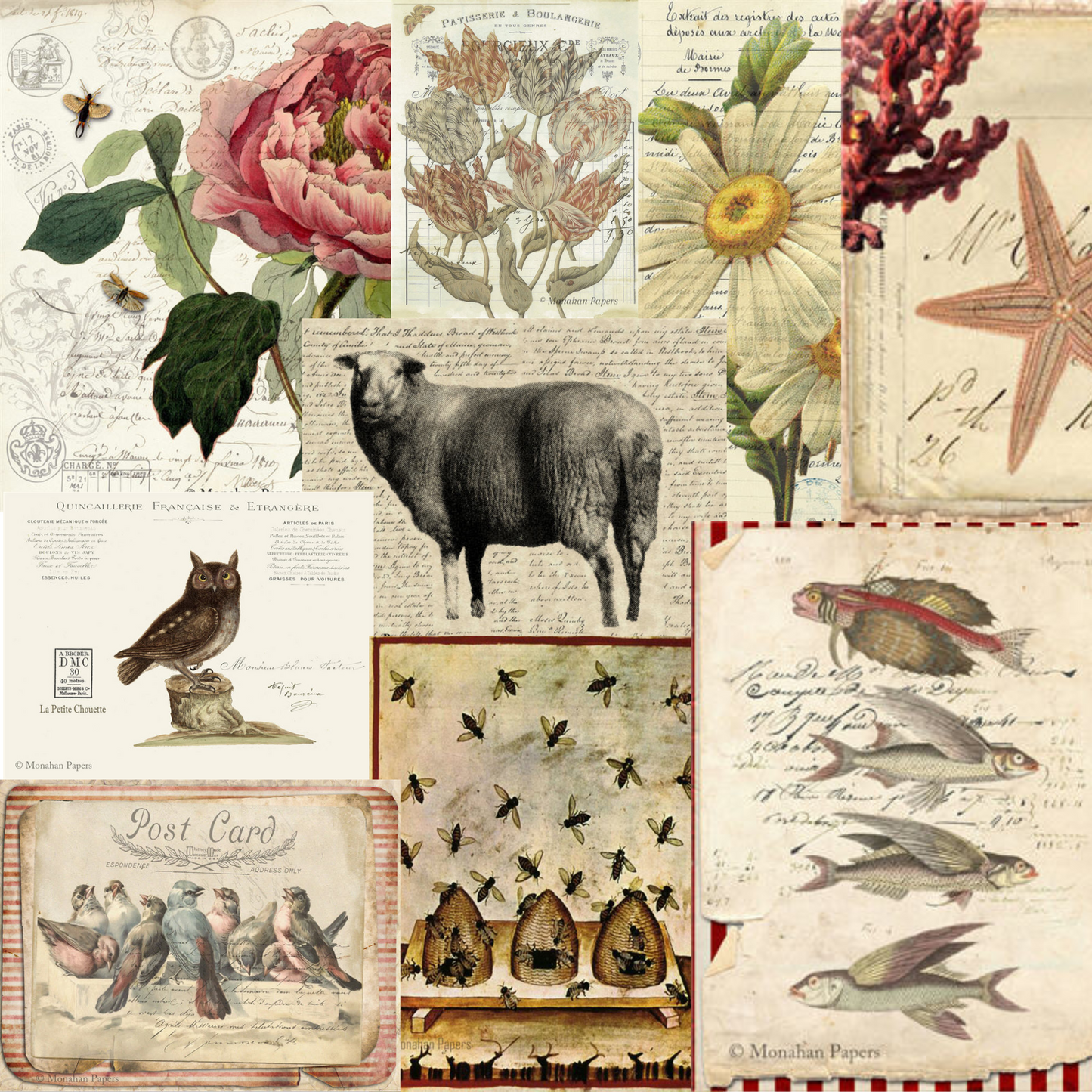 Collage of Various Monahan Papers for Decoupage. 11" x 17" available at Milton's Daughter in value packs of 10.