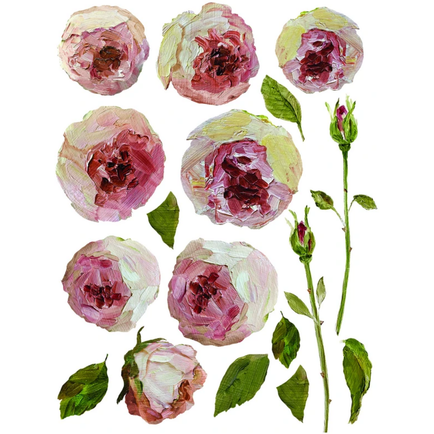 Painterly Florals IOD furniture transfer. Single sheet view of eight pink peony blooms in various sizes and views with stems, buds and leaves at Milton's Daughter.