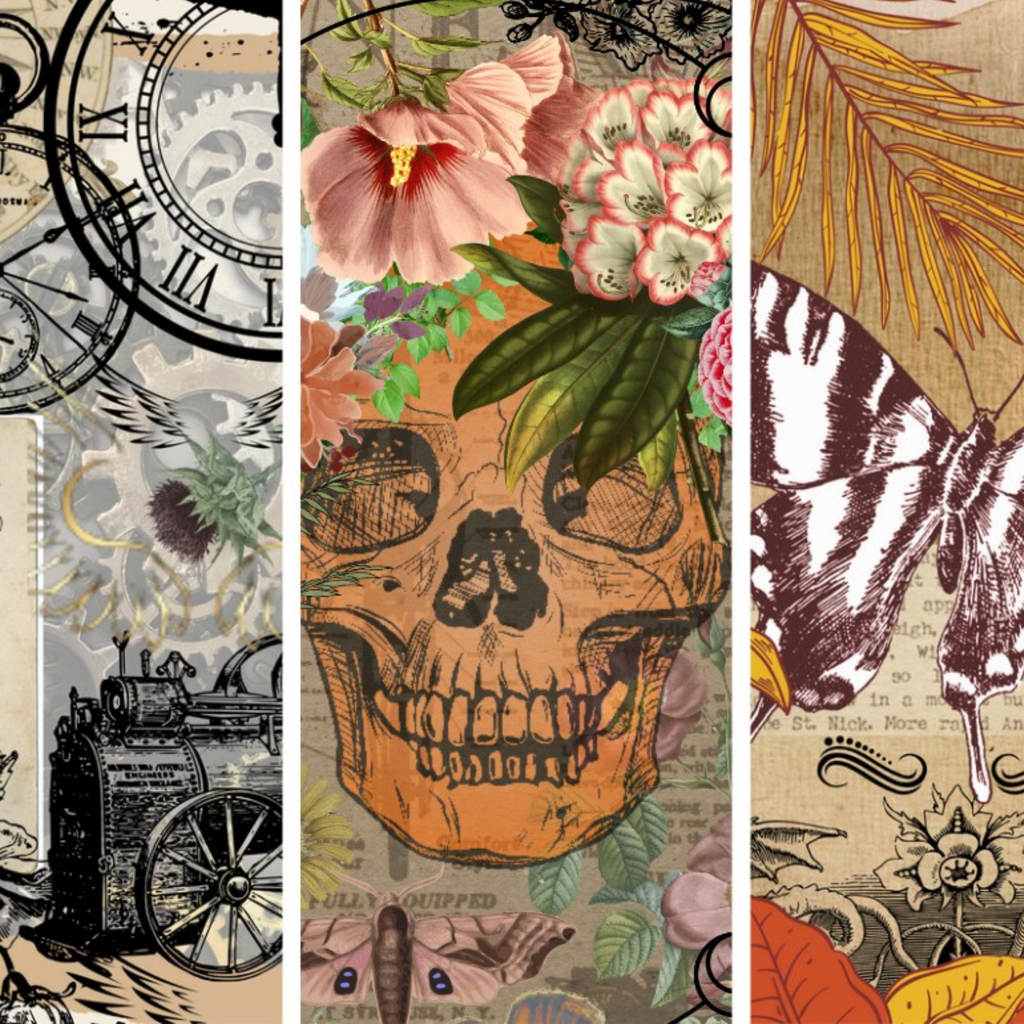"Skulduggery" decoupage paper set by Made by Marley available at Milton's Daughter. Photo depicts all three designs included in this 3-piece set.