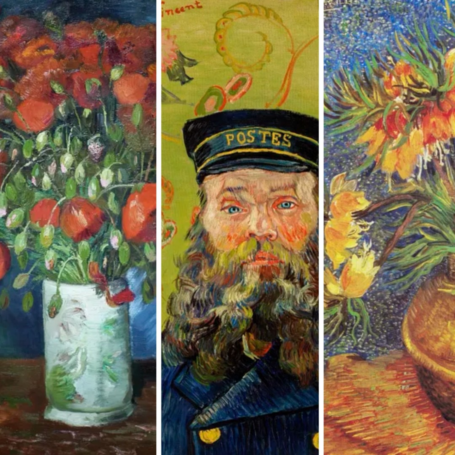"Vincent" decoupage paper 3 sheet set by Made by Marley, available at Milton's Daughter. Image includes all 3 sheet designs. Includes, "Vase with Red Poppies," "The Postman," and "Frittaleries" all by Vincent Van Gogh.