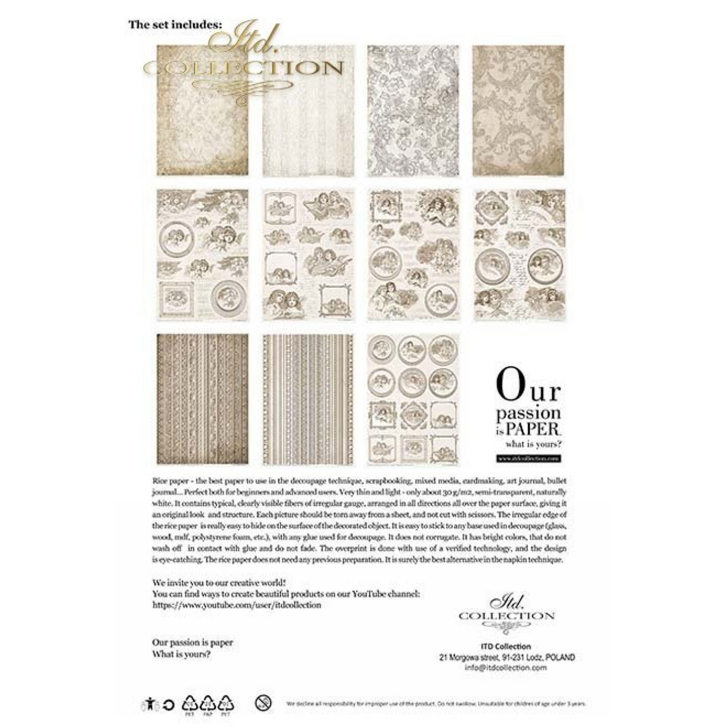 Vintage Angels - decoupage rice paper 11 sheet set from ITD Collection in size A4. Available at Milton's Daughter. Back cover.