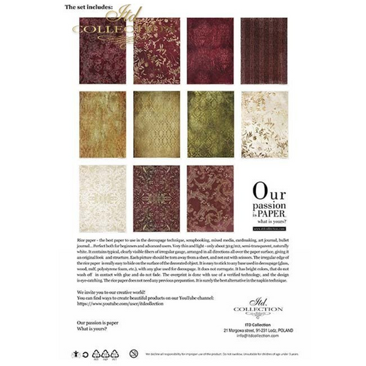 Vintage Tapestry-decoupage rice paper 11 sheet set By ITD Collection. Back cover photo. 11 size A4 sheets. Available at Milton's Daughter.