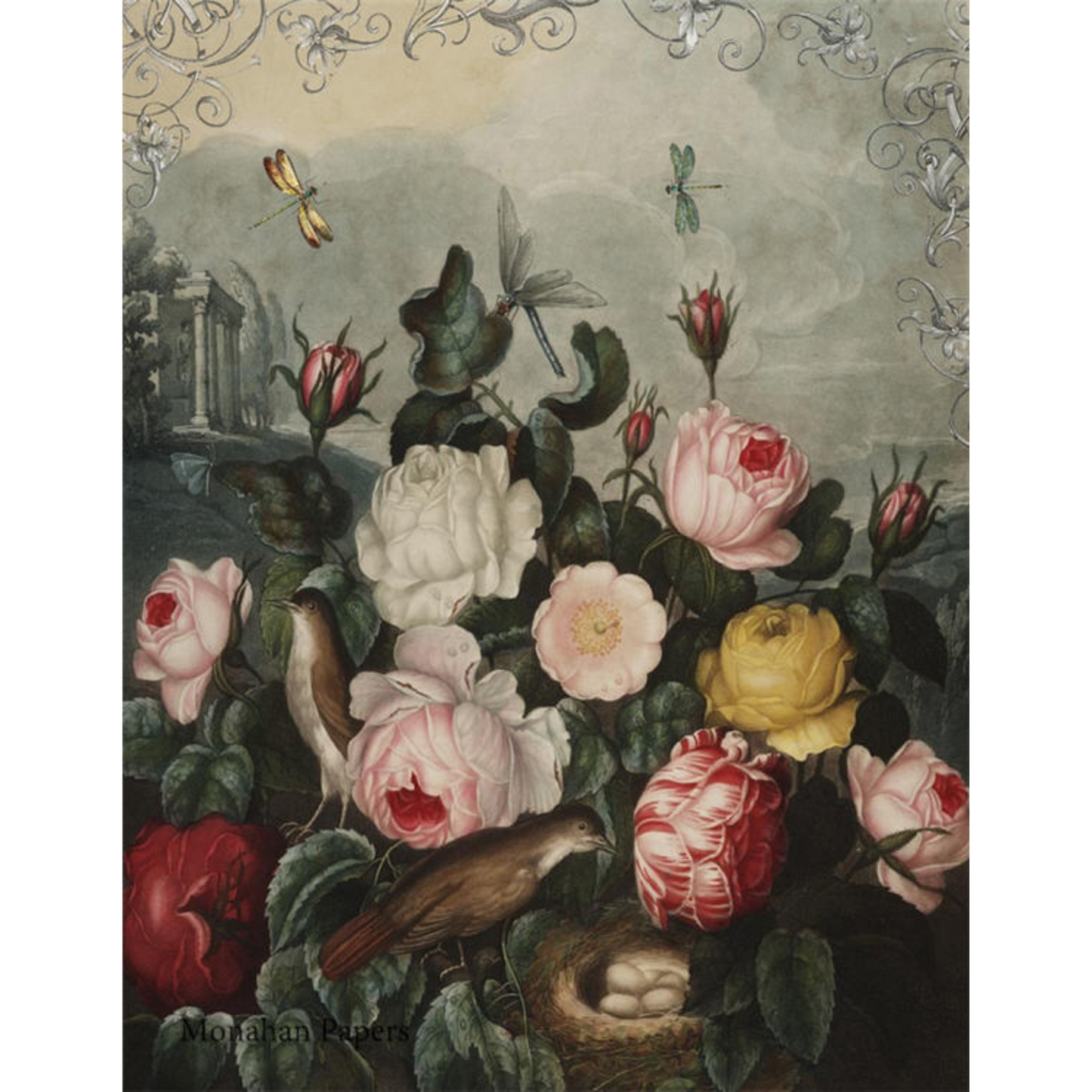 X432 Floral Decoupage Paper by Monahan Papers available at Milton's Daughter. 11" x 17". Floral motif on deep sky background.