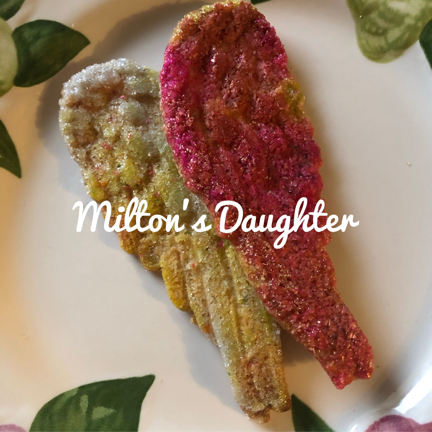 Sugar encrusted angel wings cookies made by Milton's Daughter using Wings and Feathers mold by IOD