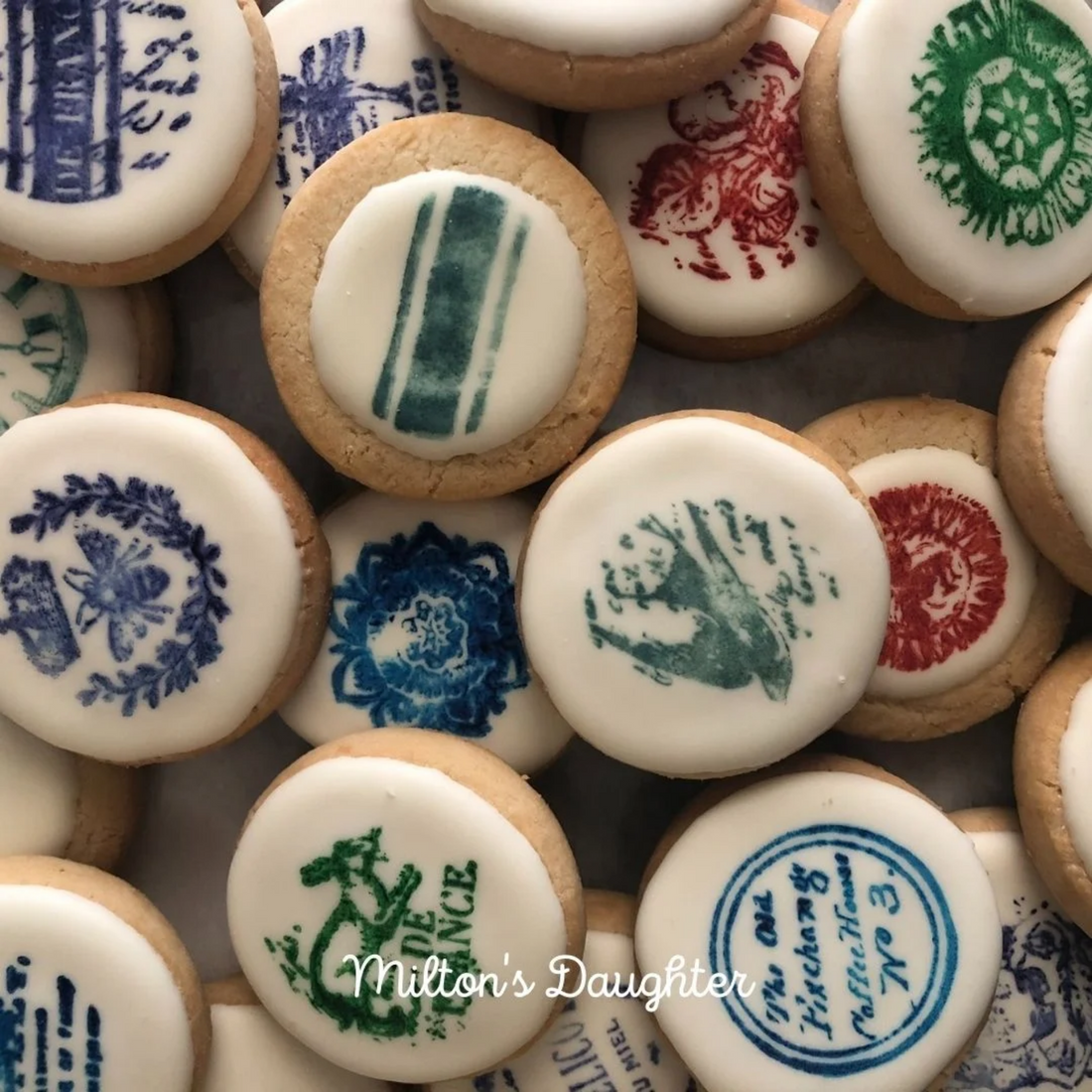 Keebler Shortbread Sandies decorated with Royal Icing and IOD Knob Toppers Stamp by Milton's Daughter