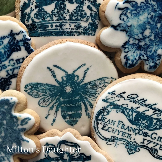 Royal Icing Cookies decorated using various IOD Stamps including Queen Bee, Crockery and Rose Toile by Milton's Daughter