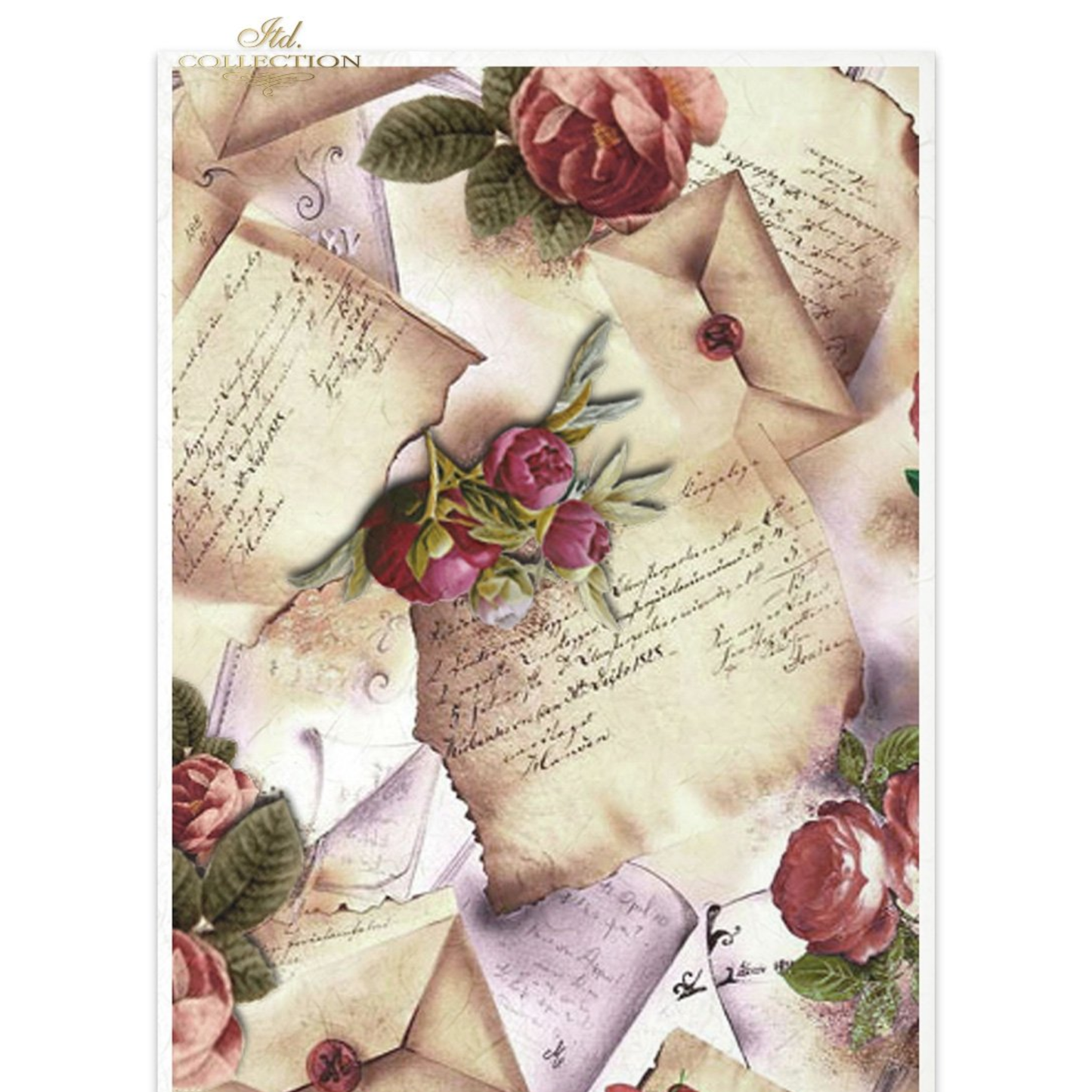 Decorative paper with vintage letters and roses.