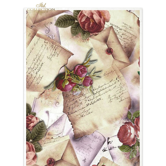 Decorative paper with vintage letters and roses.