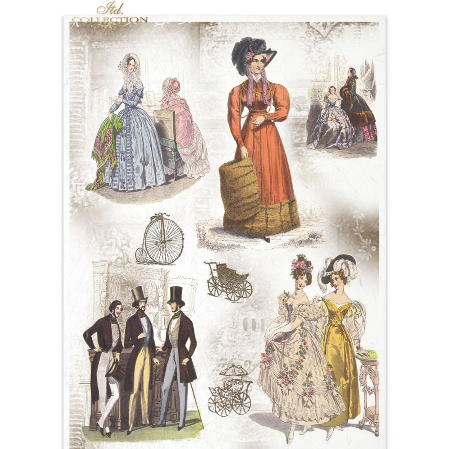 Illustrations of historical fashion from the 19th century with people in formal attire.