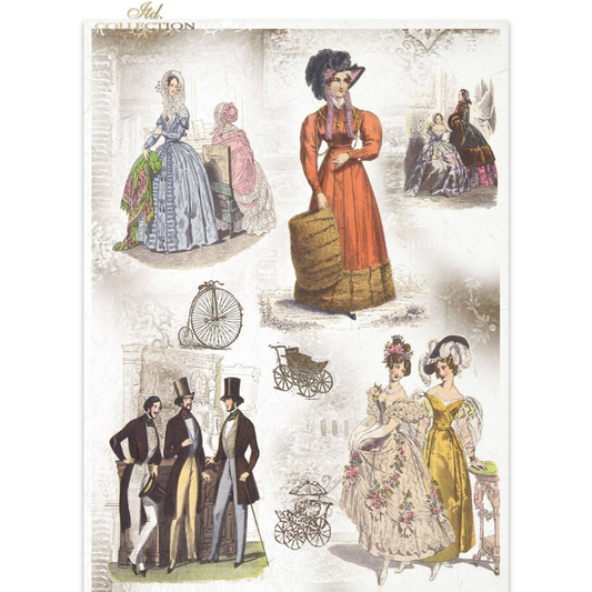 Illustrations of historical fashion from the 19th century with people in formal attire.
