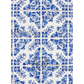 Pattern of blue floral and geometric designs on a white background.