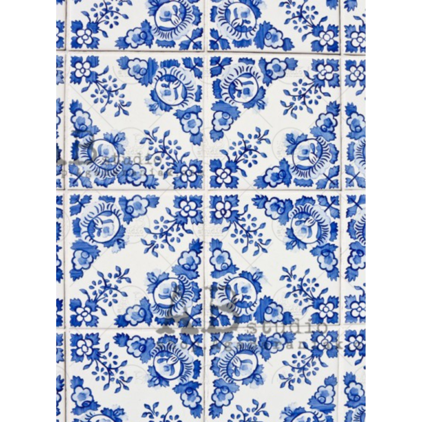 Pattern of blue floral and geometric designs on a white background.