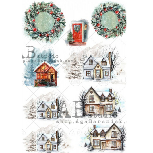 Collection of winter-themed illustrations including houses, wreaths, and trees with snow.