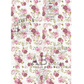 Floral patterned paper with pink roses and background text on a white background.