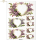 Decorative paper with heart-shaped arrangements of purple flowers and green leaves.