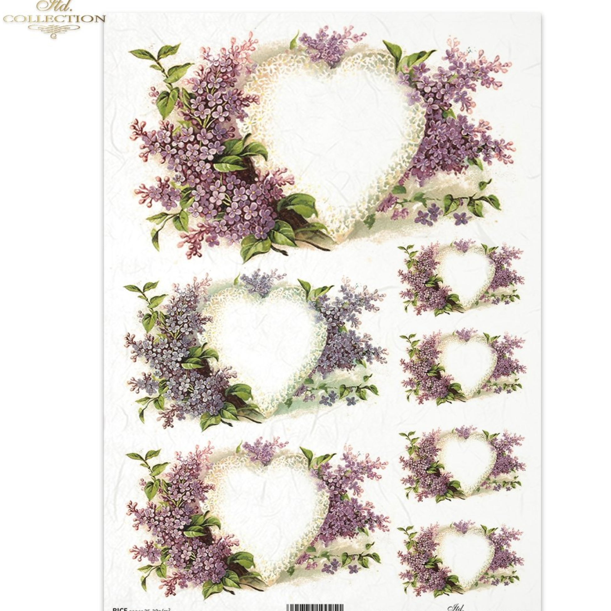 Decorative paper with heart-shaped arrangements of purple flowers and green leaves.