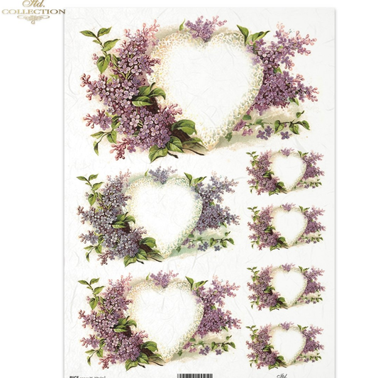 Decorative paper with heart-shaped arrangements of purple flowers and green leaves.