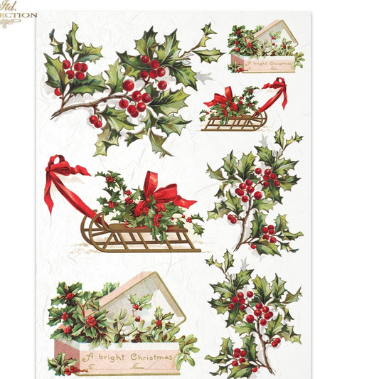 Christmas-themed decorative paper sheet with holly leaves, red berries, and sleighs on a white background.