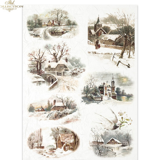 Collection of winter village scenes with snow-covered houses and trees.