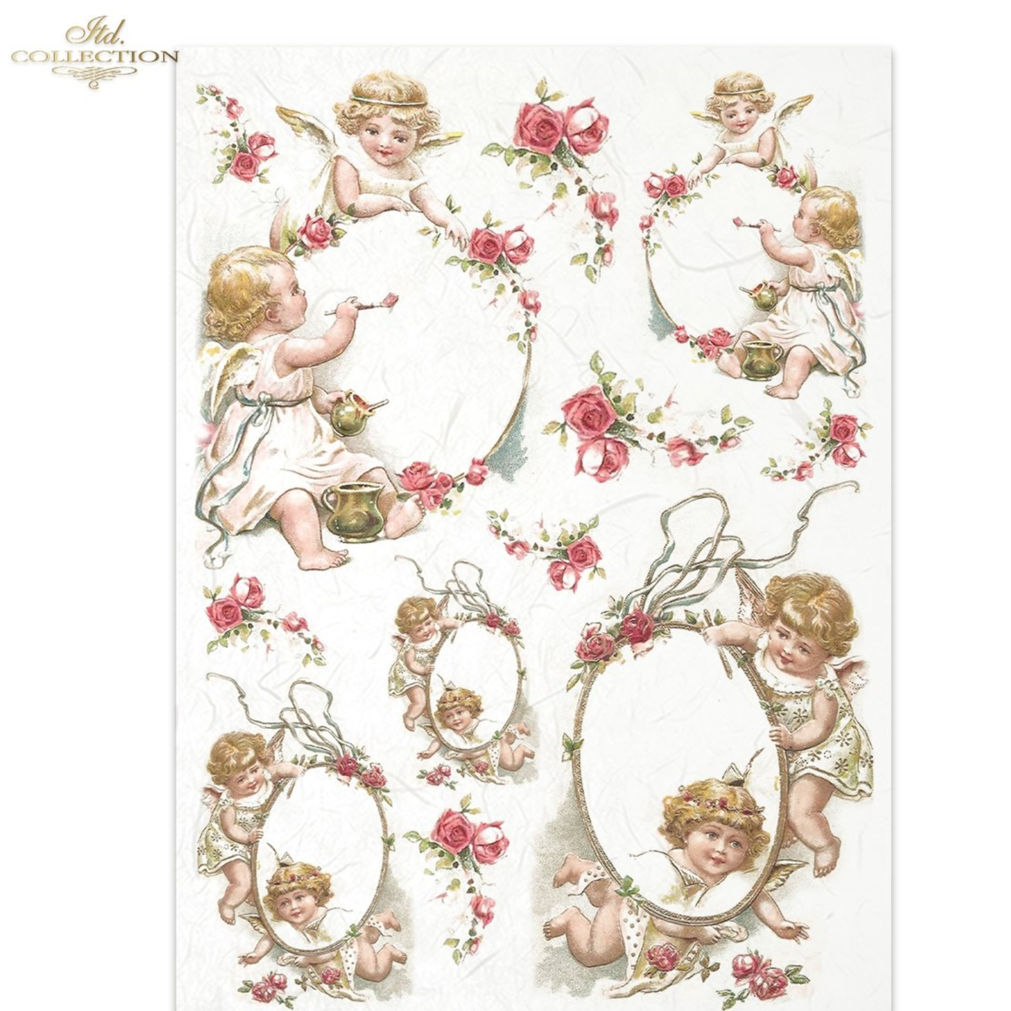 Sheet of decorative paper with cherubic angels and floral designs.