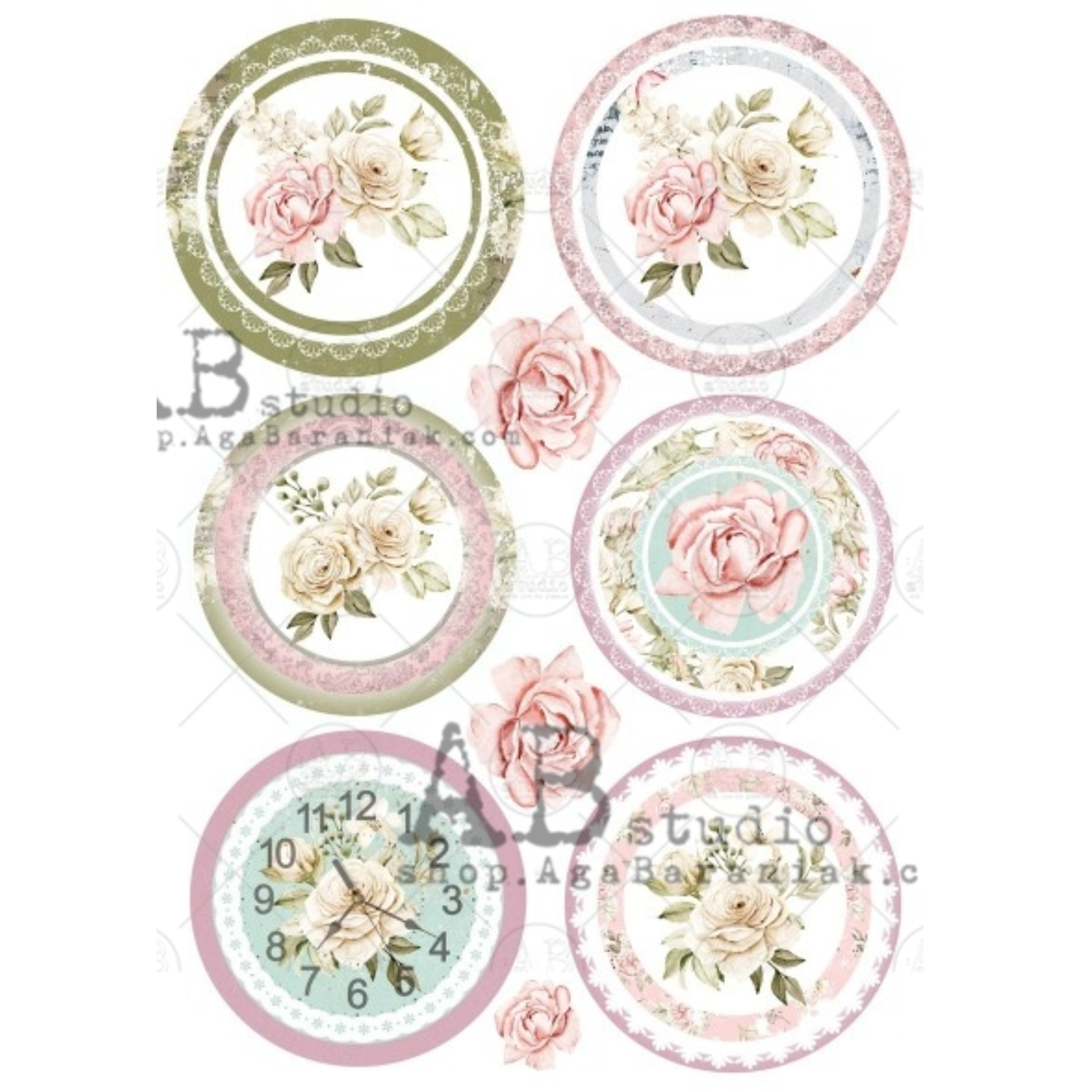 Set of decorative circular designs with roses and decorative elements.