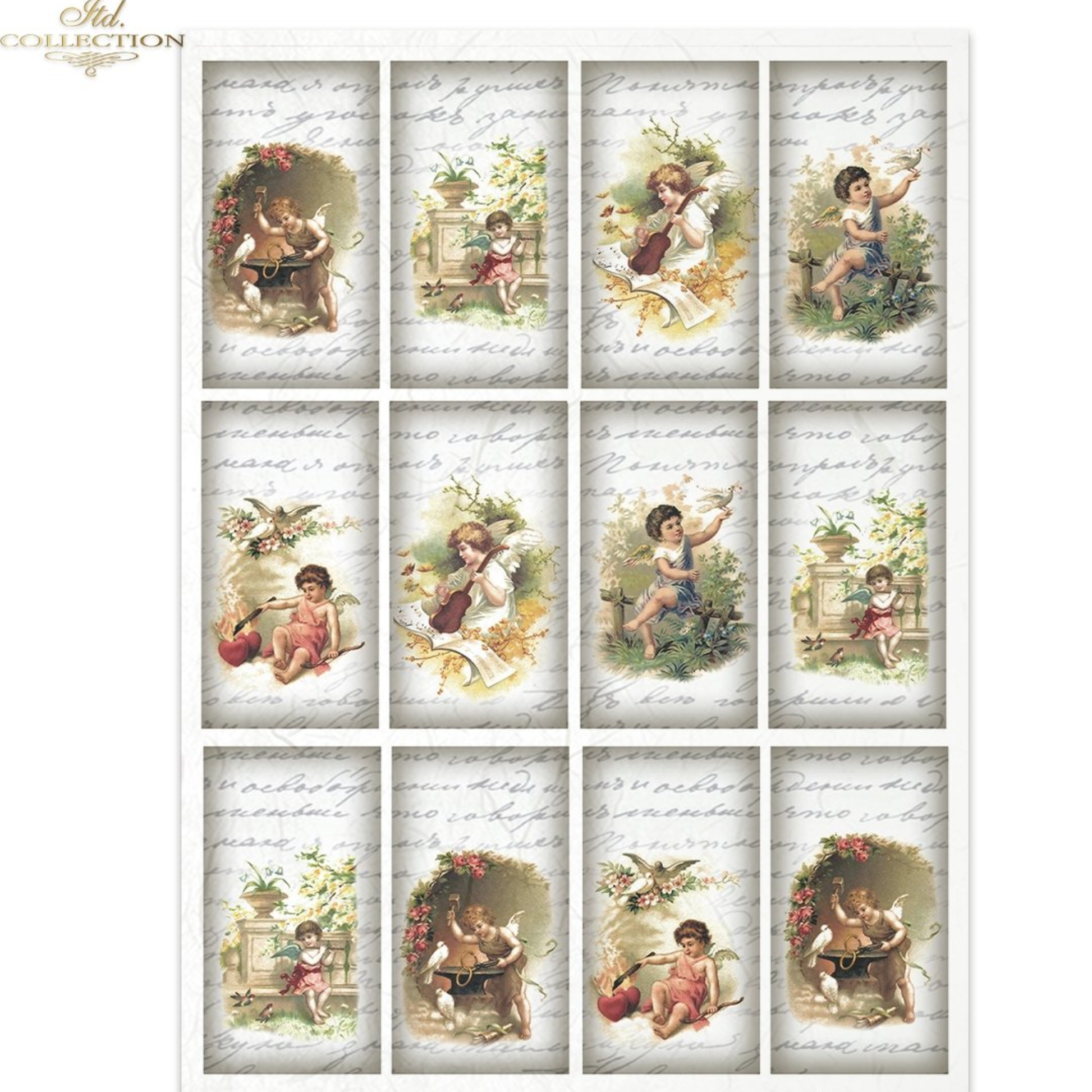 Collection of twelve vintage-style illustrations of cupids on cursive text background.