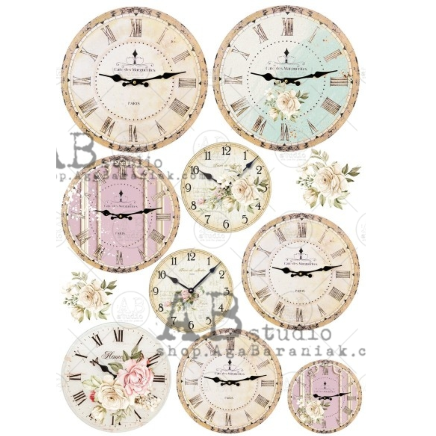 Collection of vintage-style wall clocks with floral and decorative elements.