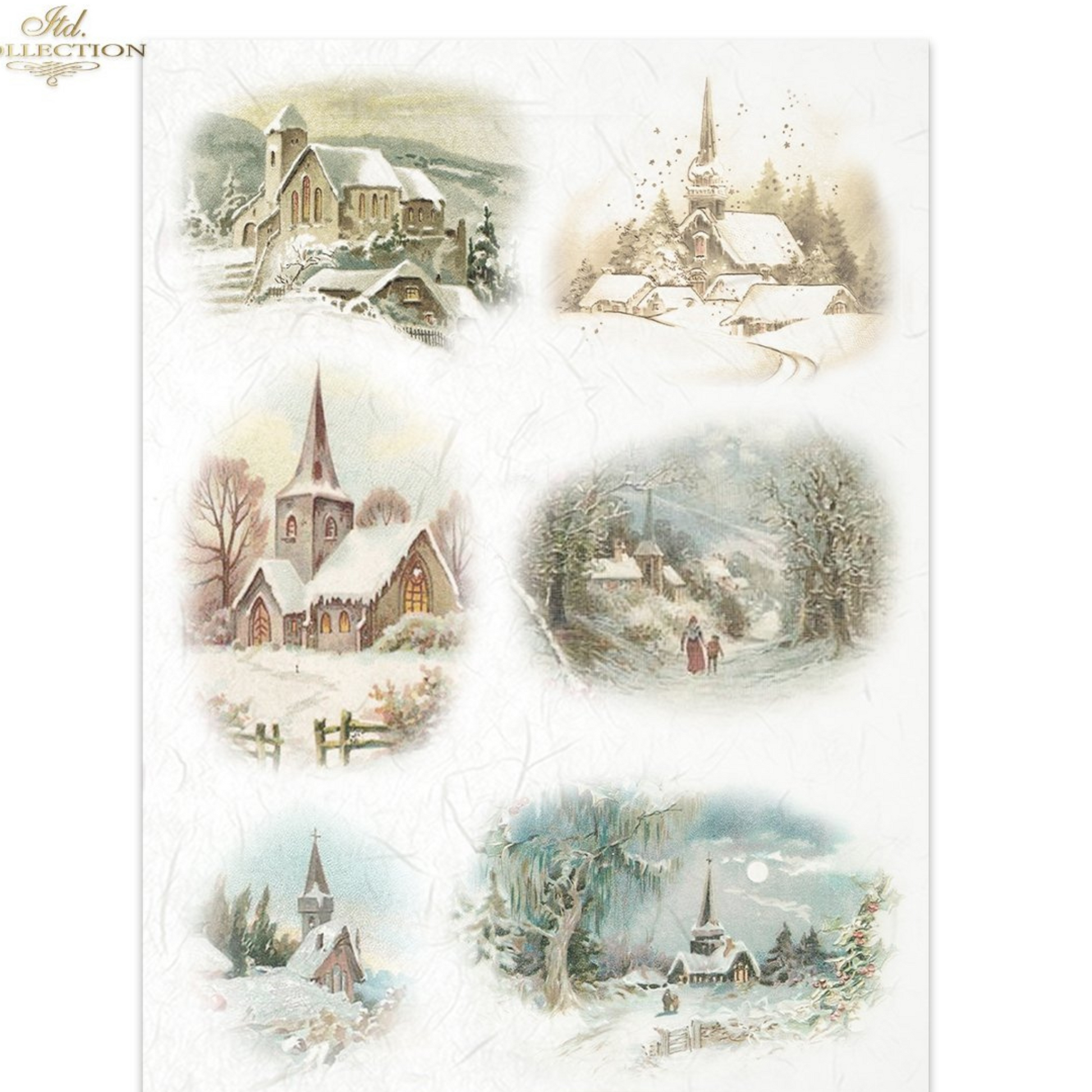 Collage of snowy village scenes with churches on a white background