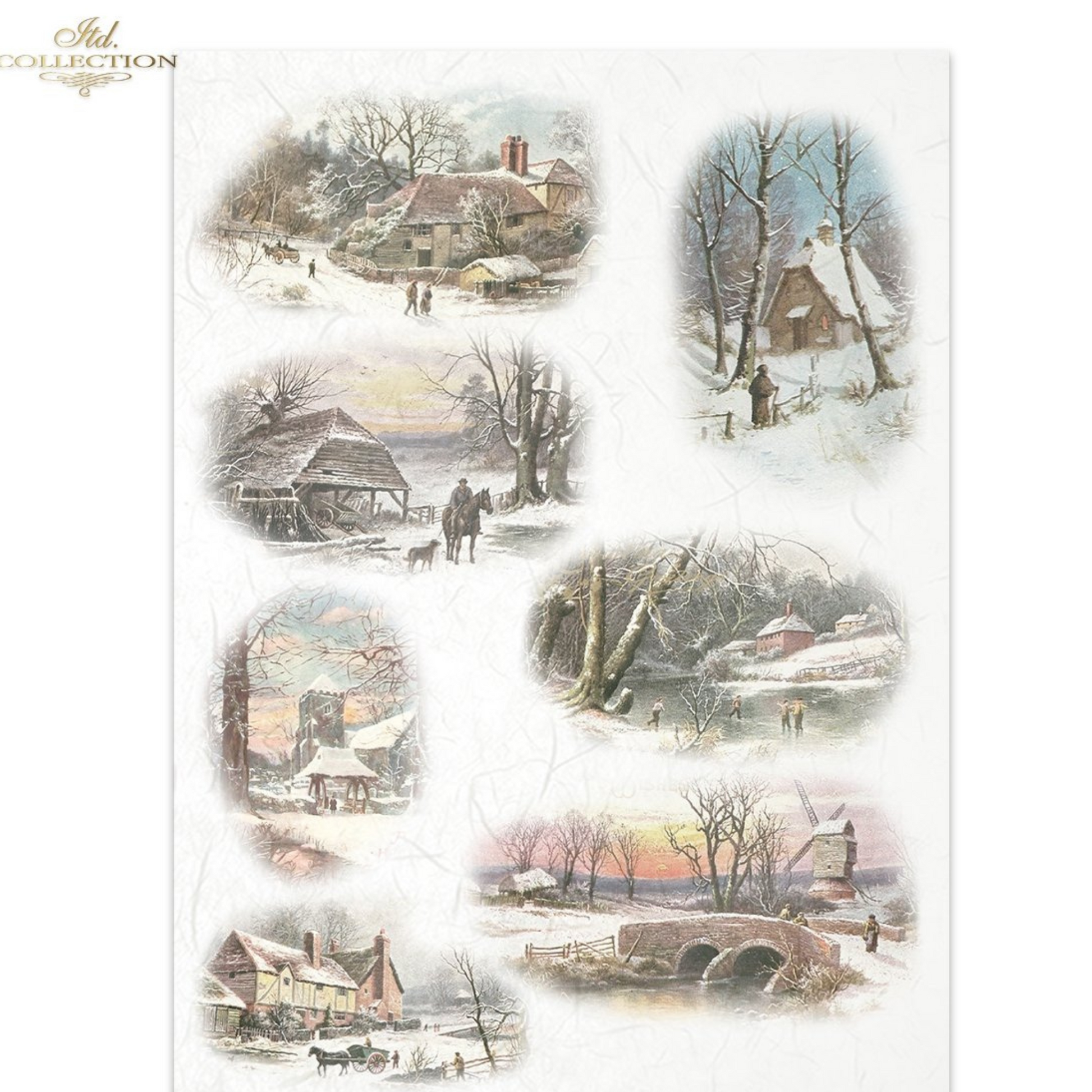 Seven image sheet of winter-themed paper with scenic illustrations of snowy landscapes and thatched houses.