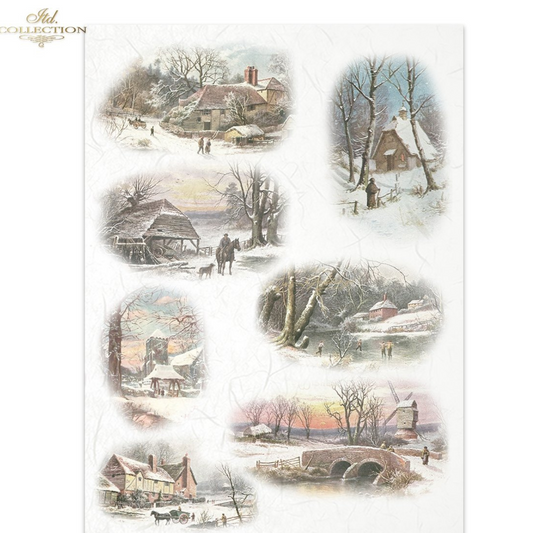 Seven image sheet of winter-themed paper with scenic illustrations of snowy landscapes and thatched houses.