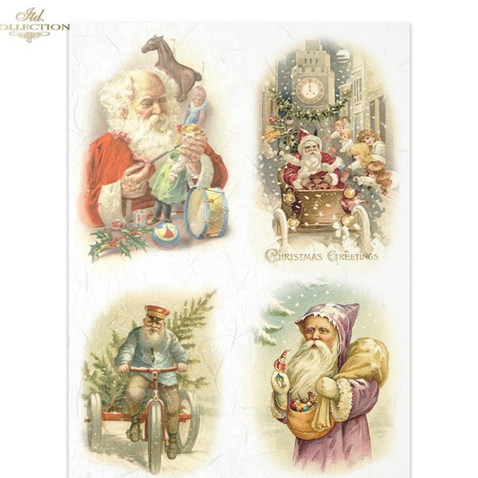 Set of four vintage-style Christmas cards featuring Santa Claus in different poses.