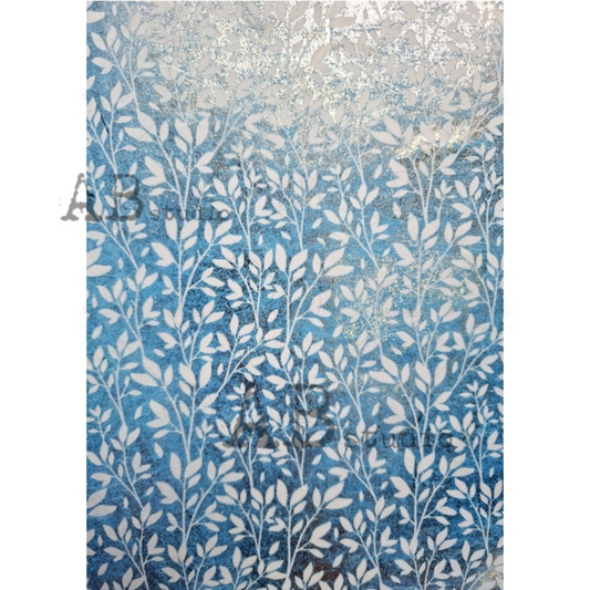 Gilded blue and white leaf pattern with flecks of gold shimmer.