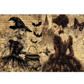 Vintage-style sepia illustration featuring two elegant women in dark Victorian dresses, one with a witch hat and cauldron, the other with an ornate updo, set against a background with bats, butterflies, script writing, and a spire.