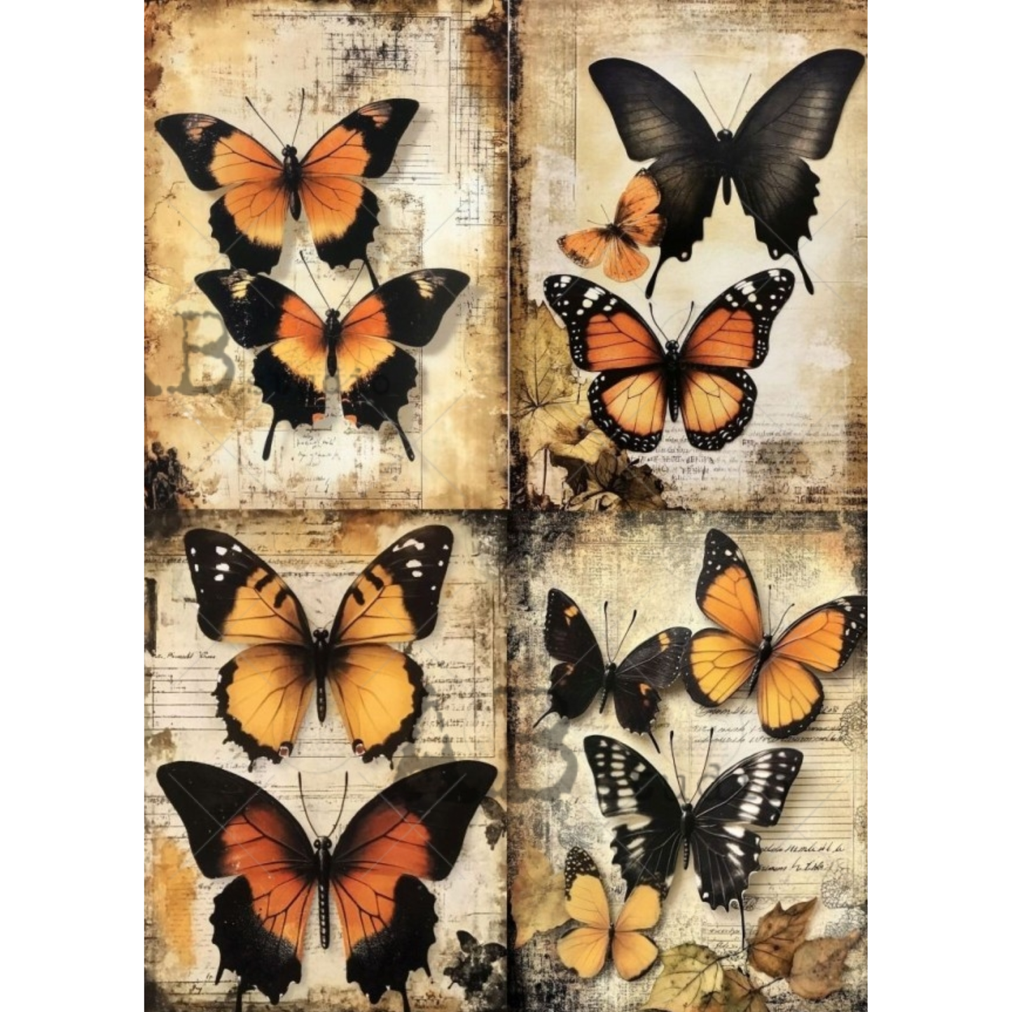 A vintage-style butterfly collage print featuring multiple orange, black, and yellow butterflies arranged in a four-panel grid over an aged beige background with faded script and texture.