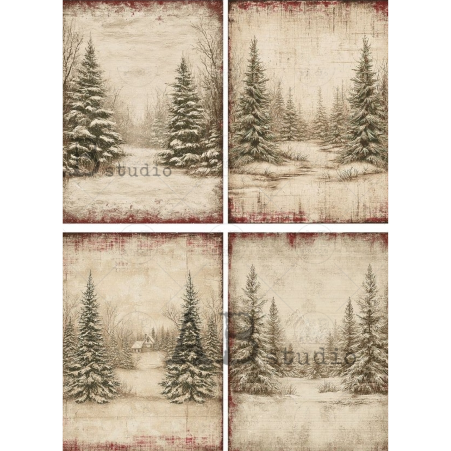 A set of four rustic vintage-style images depicting snowy pine trees in winter landscapes. The panels feature a distressed beige background with dark brown and muted red borders.