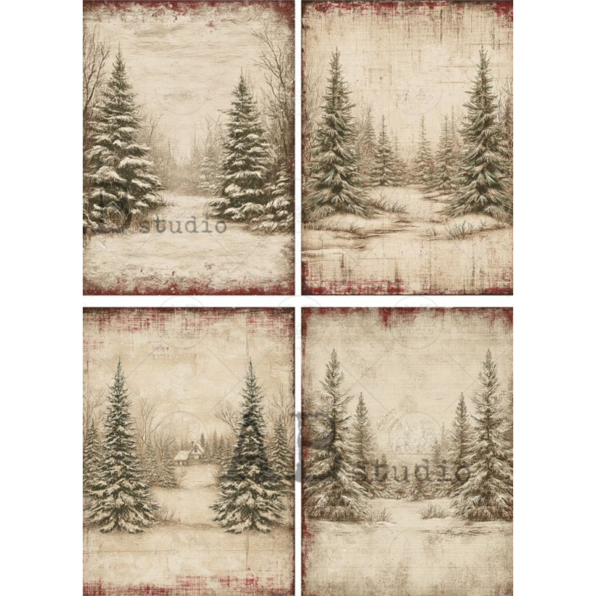 A set of four rustic vintage-style images depicting snowy pine trees in winter landscapes. The panels feature a distressed beige background with dark brown and muted red borders.