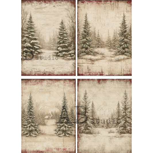 A set of four rustic vintage-style images depicting snowy pine trees in winter landscapes. The panels feature a distressed beige background with dark brown and muted red borders.