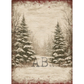 Vintage-style winter forest backdrop print featuring snow-covered evergreen trees, bare trees, and a snowy path, with distressed red borders.