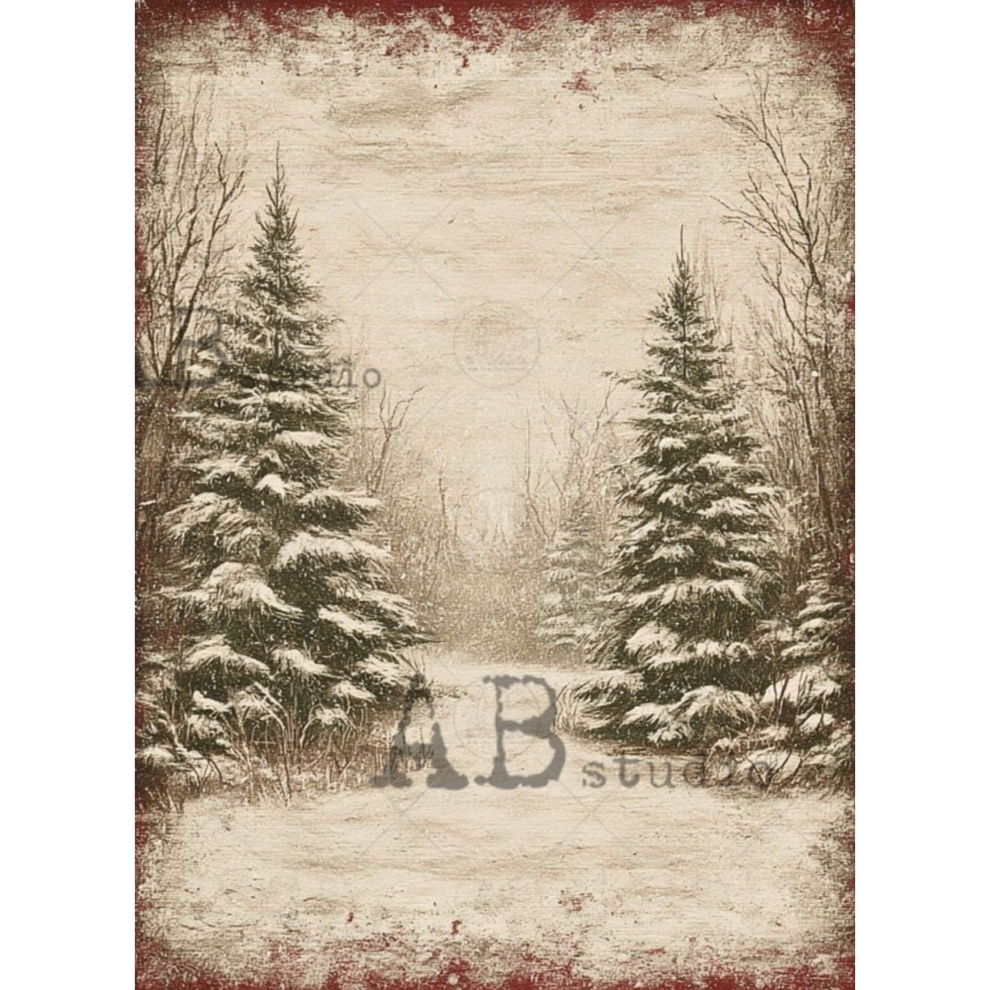 Vintage-style winter forest backdrop print featuring snow-covered evergreen trees, bare trees, and a snowy path, with distressed red borders.
