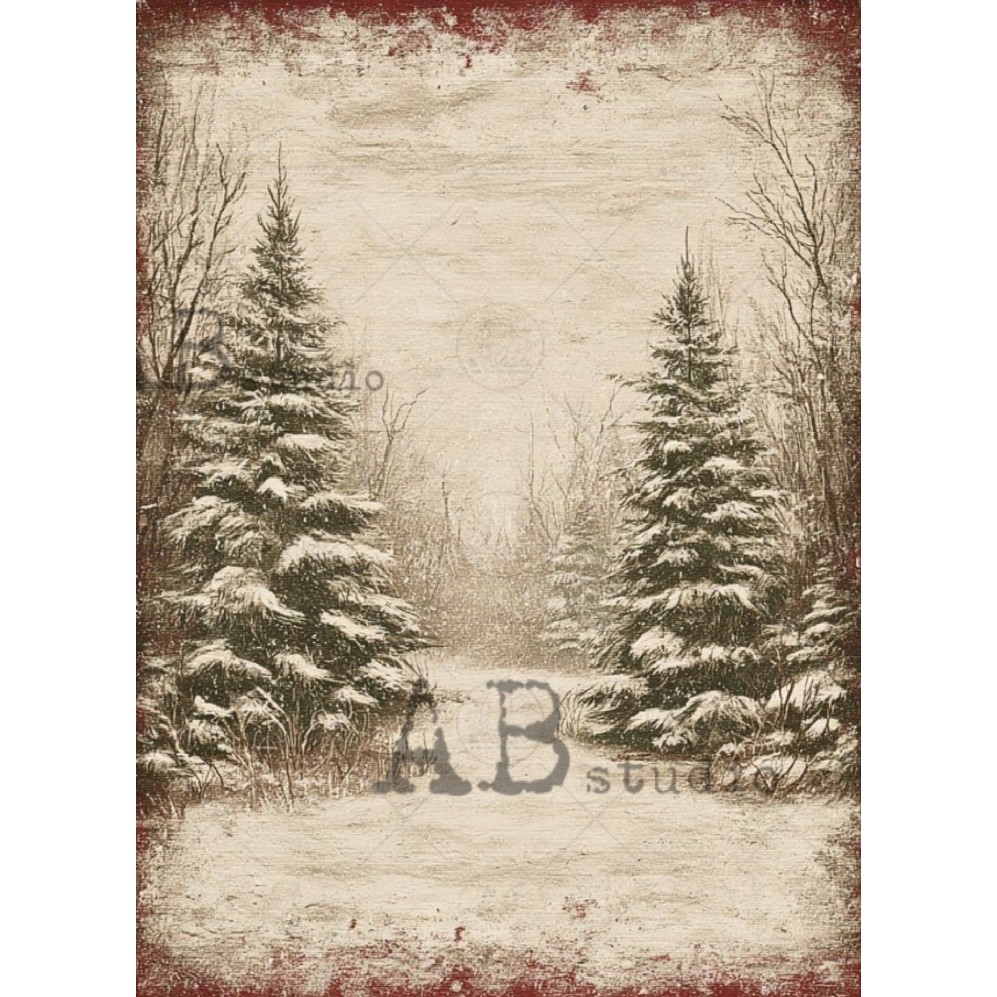 Vintage-style winter forest backdrop print featuring snow-covered evergreen trees, bare trees, and a snowy path, with distressed red borders.