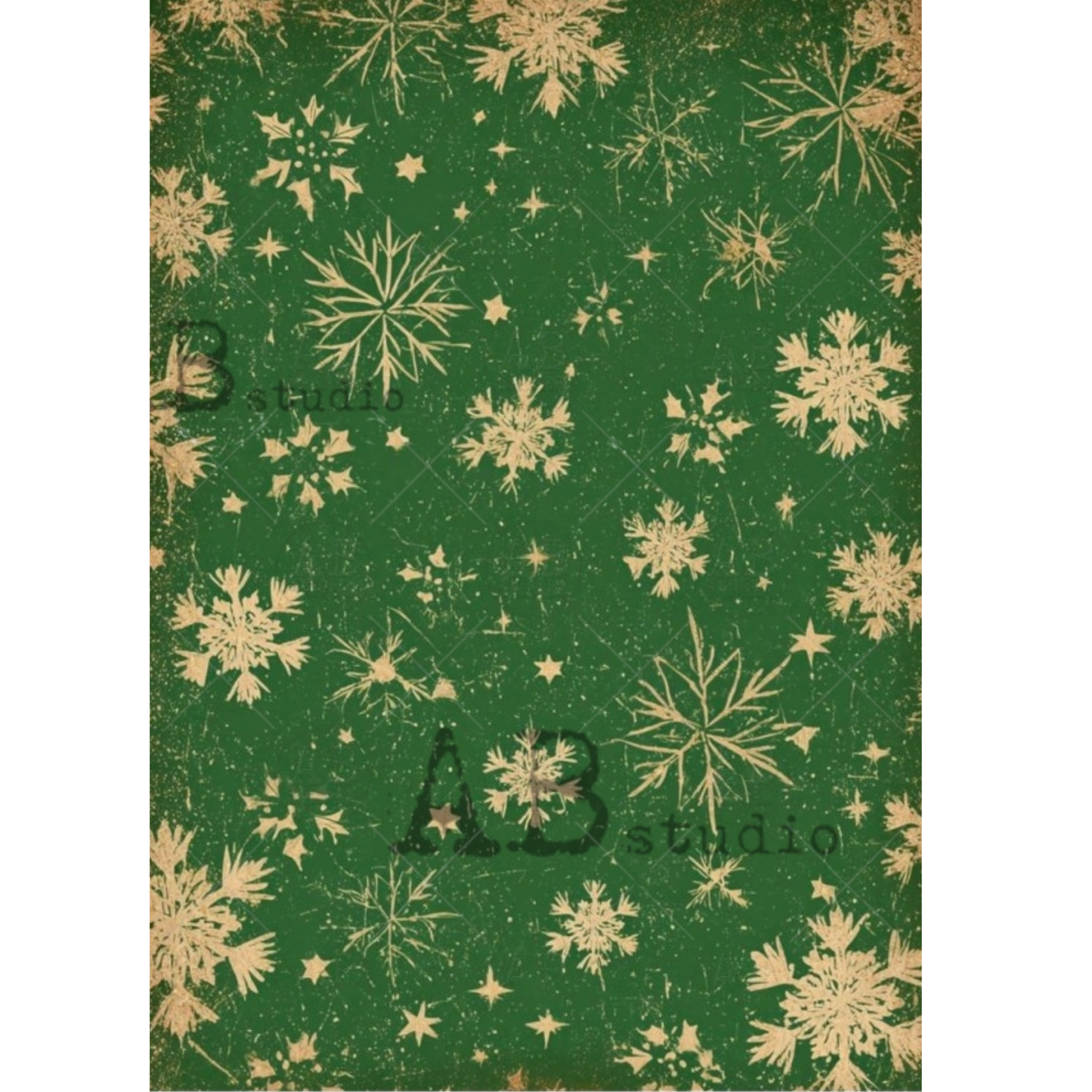 Green paper with a vintage distressed pattern of beige snowflakes and stars.