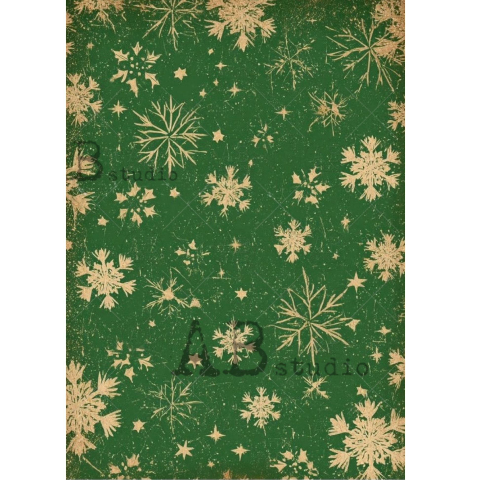 Green paper with a vintage distressed pattern of beige snowflakes and stars.