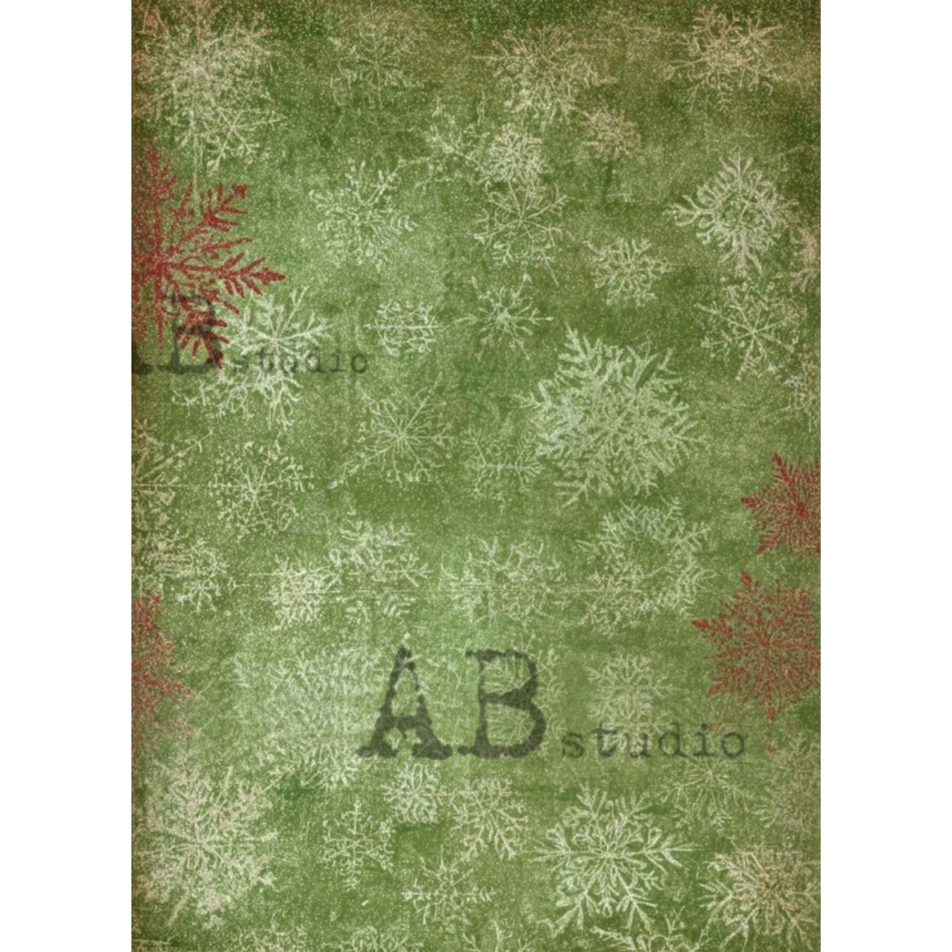 Paper image with a distressed green background, featuring a repeating pattern of white snowflakes and red snowflake accents.