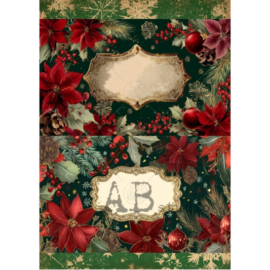 A Christmas-themed design featuring a dark green background decorated with red poinsettias, holly leaves, pinecones, berries, and gold snowflakes. Two ornate cream labels with gold borders are placed centrally.