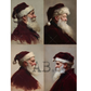 A four-panel collage of classical-style portrait paintings showing Santa Claus in side profile, wearing a dark red coat and hat with white fur trim. The background is a light neutral field.