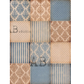 Square patchwork-style designs made of 12 beige and blue patterned panels, featuring damask, stripes and polka dots.